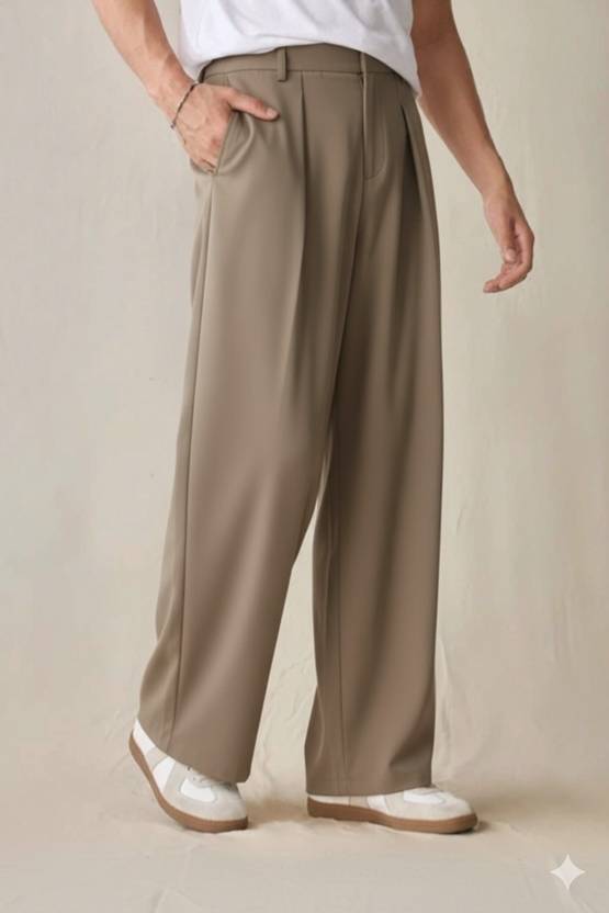 Broadstar Men Straight Fit Beige Polyester Trousers