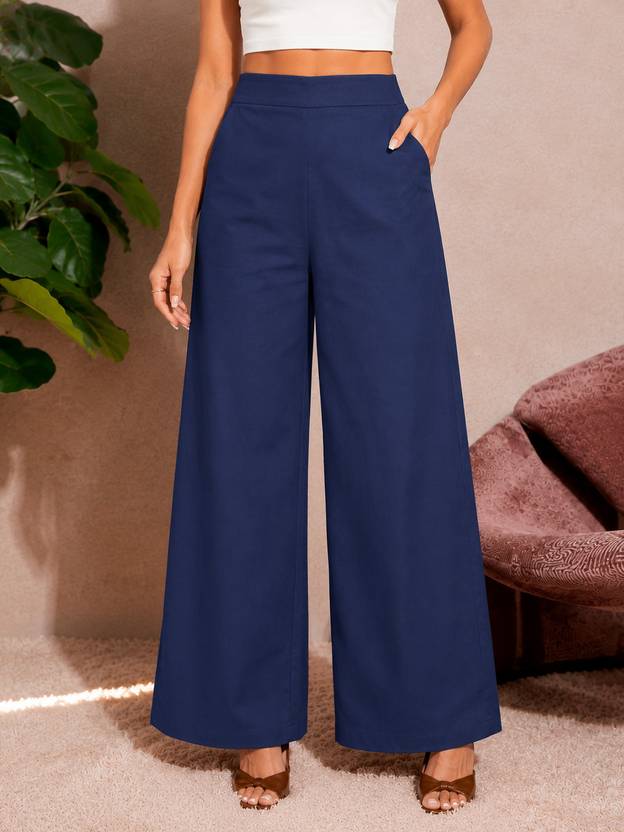 BIDAAS Women Regular Fit Dark Blue Pure Cotton Trousers