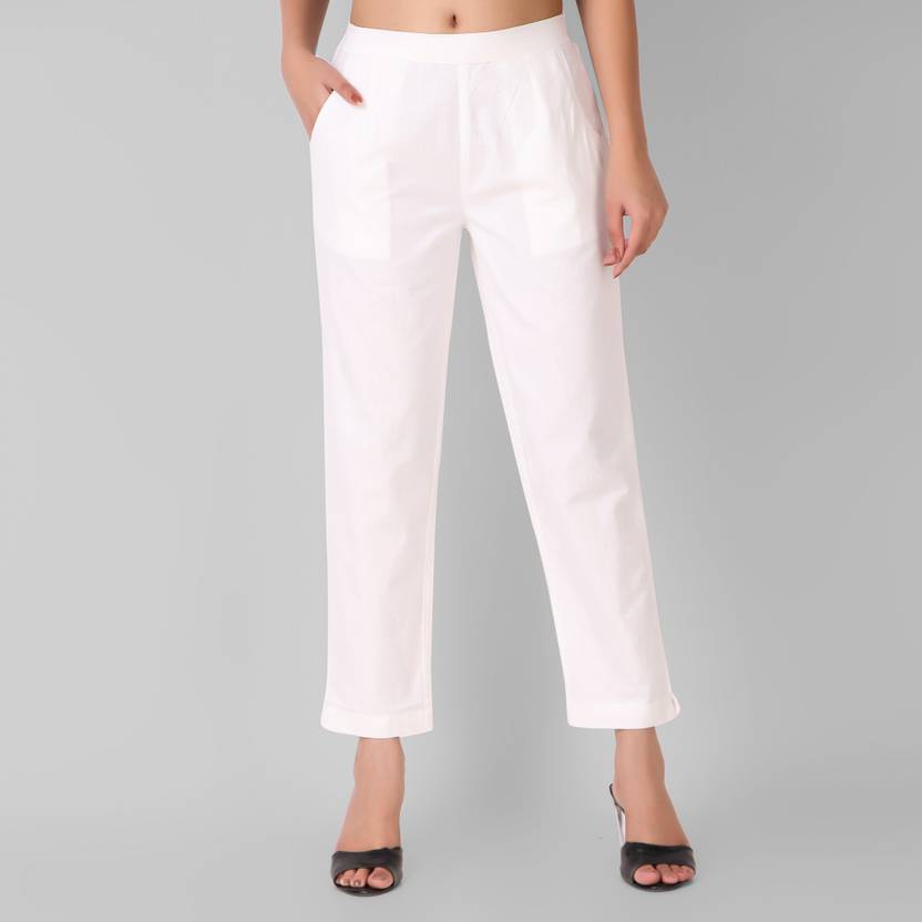 solidbottooms Women Regular Fit White Pure Cotton Trousers