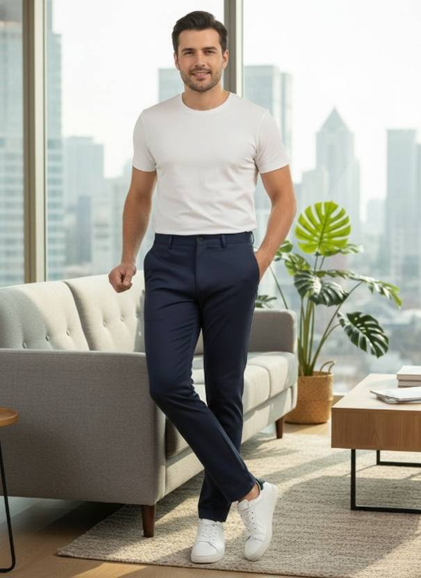 Aroziya Slim Fit Men Dark Blue Trousers