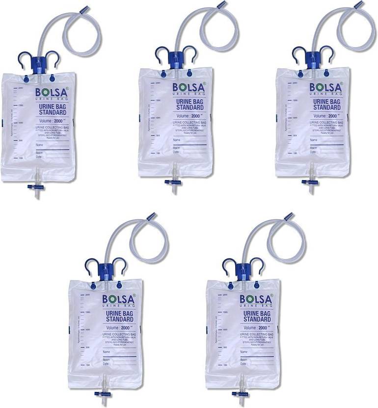Bolsa Medical-Grade , Anti-Reflux Valve & Measured Scale (PACK OF 5 Pcs) Urine Bag