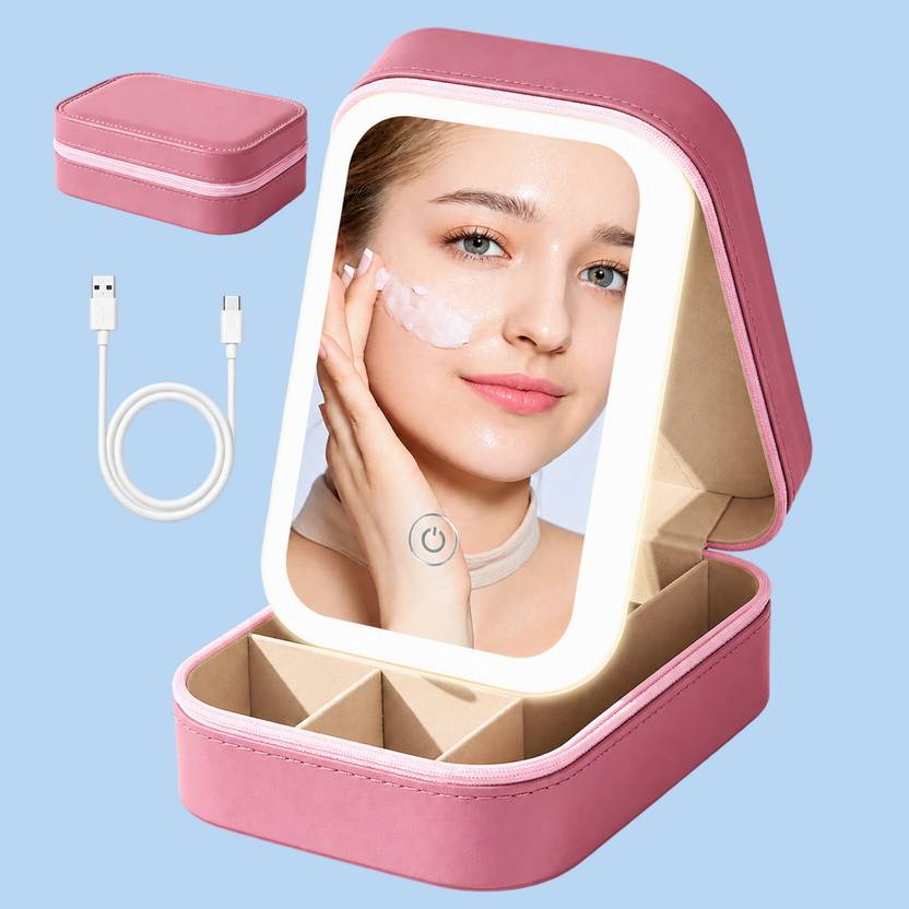 Mocaze Muted Rose Wardrobe Portable Jewelry Holder with Mirror Light Jewellery Vanity Box