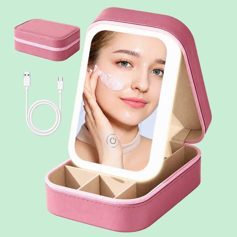 Mocaze Blush Pink Wardrobe Jewelry Case with Illuminated Mirror Jewellery Vanity Box