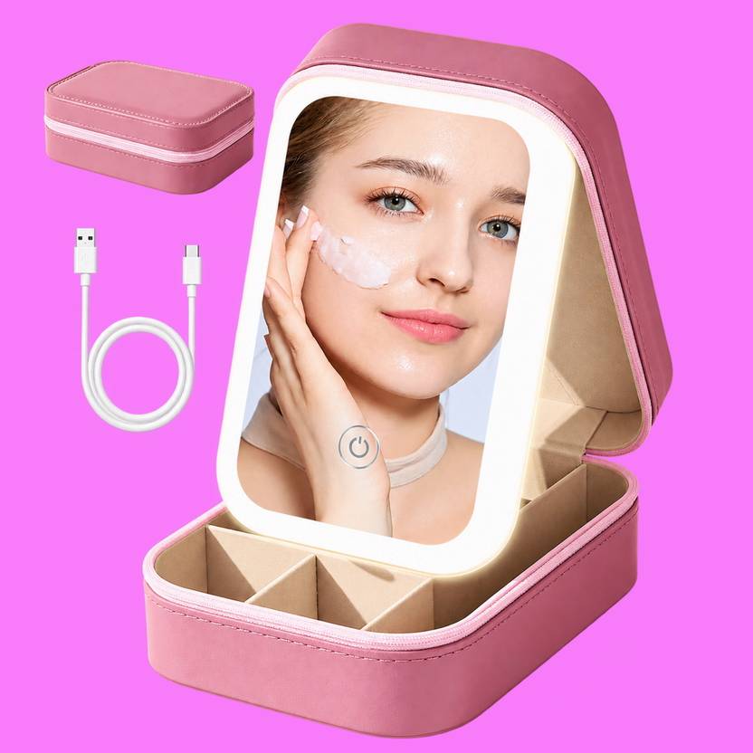 Mocaze Muted Rose Dressing Table Jewelry Storage Travel Box with LED Lighting Jewellery Vanity Box