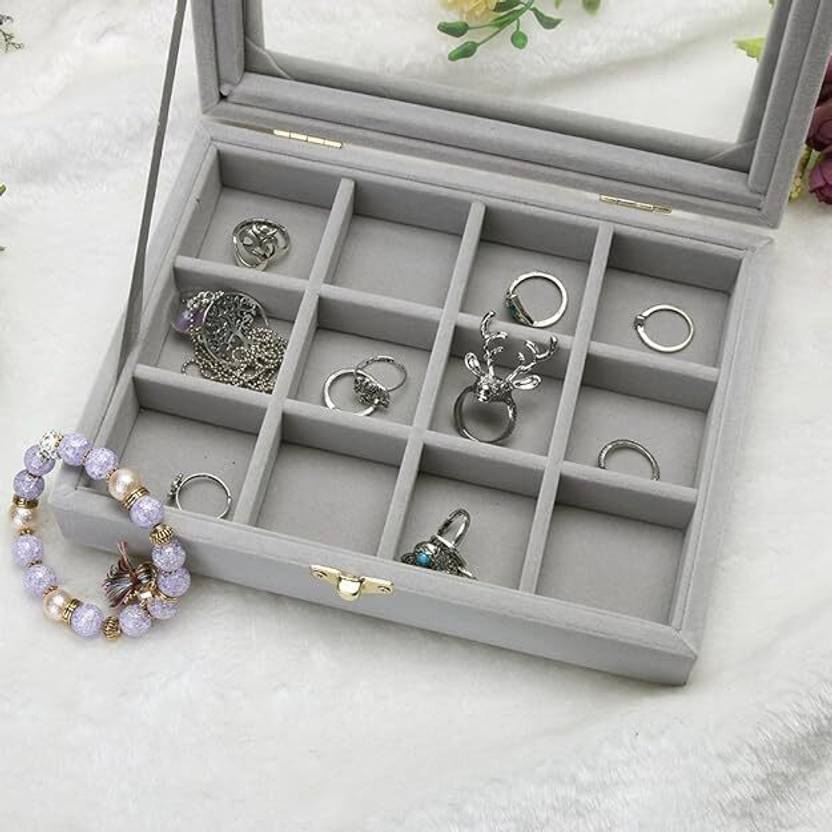 Glitzn Velvet 9 GridJewelry Organizer Box with Clear Lid Women Ring Makeup Storage Case Jewellery, mackeup Vanity Box