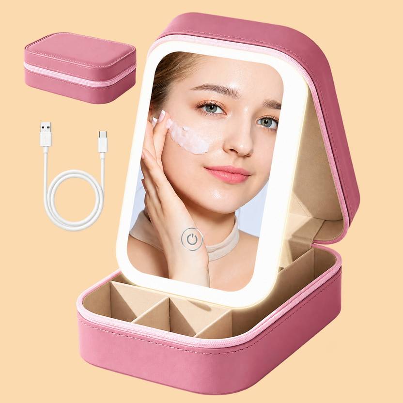 Mocaze Blush Pink Personal Vanity Jewelry Storage Travel Box with LED Lighting Jewellery Vanity Box