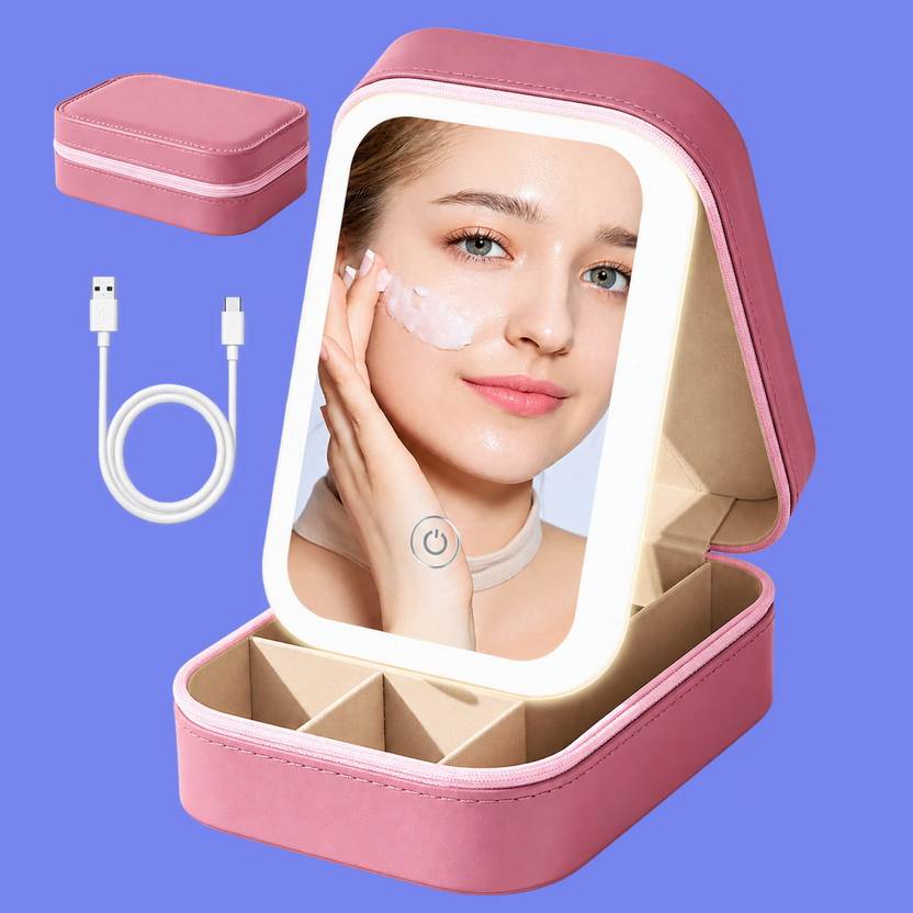 Mocaze Blush Pink Desk Friendly Mirror Equipped Jewelry Carry Case Jewellery Vanity Box