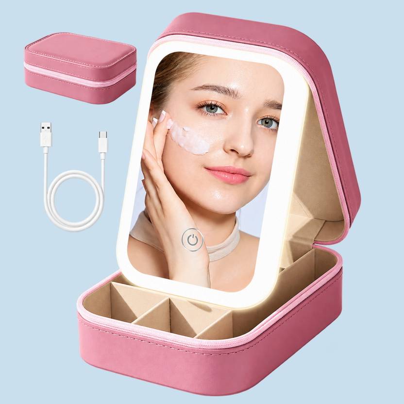 Mocaze Blush Pink Desk Friendly Portable Mirror Jewelry Vanity Case Jewellery Vanity Box