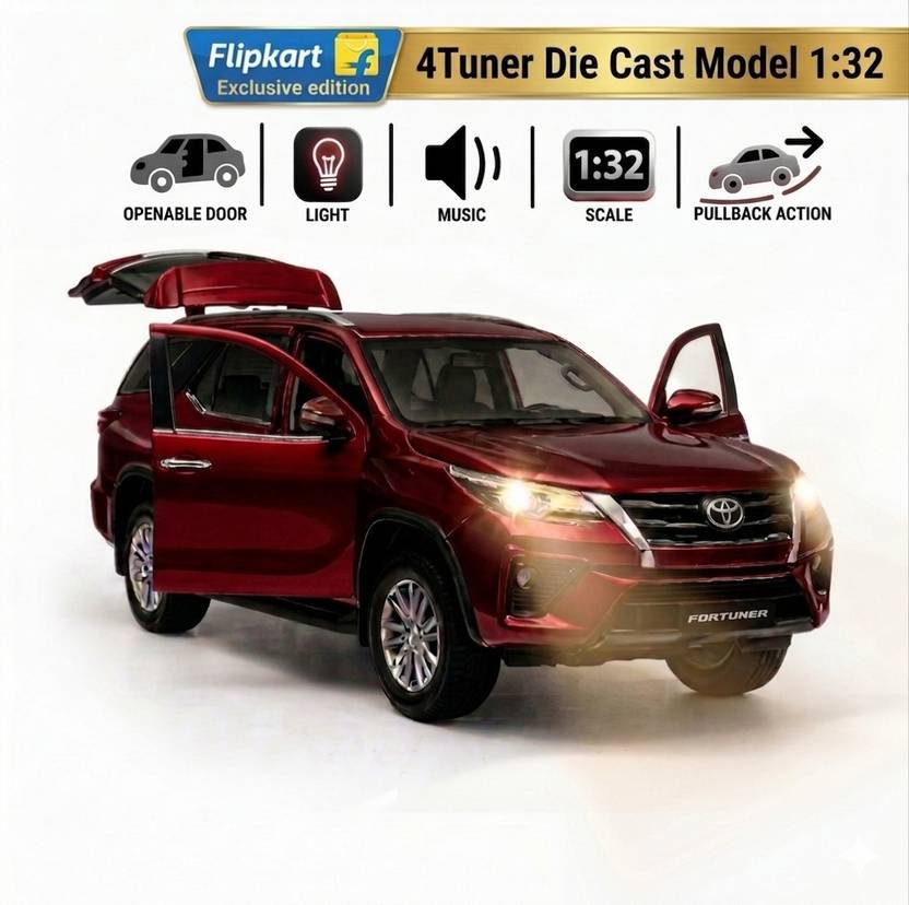 bhuvienterprises Luxury Die Cast 1:32 Fortuner Toy Car 3 Extra Cel IFree I Light & Sound |