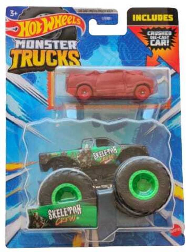 HOT WHEELS MONSTER TRUCKS SKELETON CREW INCLUDES CRUSHED DIE CAST CAR