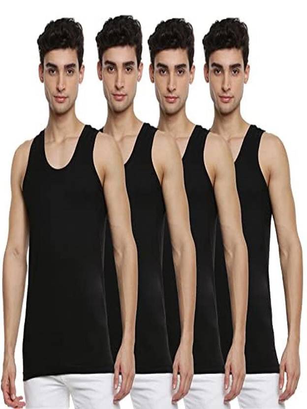 Ramraj Cotton Pack of 4 Black Scoop Neck Sleeveless Cotton Undershirt Men Vest