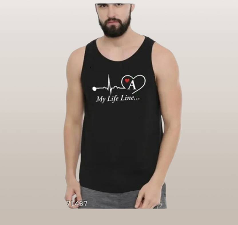 Aphe Fashion Men Black Printed Round Neck Polyester Sando For Men Men Vest