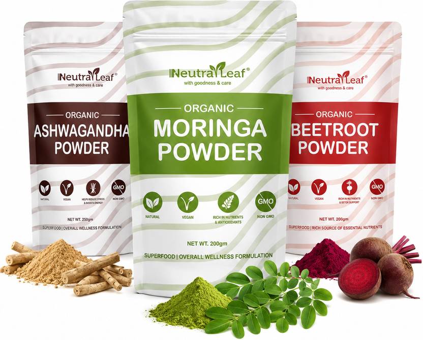 Neutraleaf Super Trio | Moringa , Beetroot , Ashwagandha | Organic Powders | Multi Nutrient