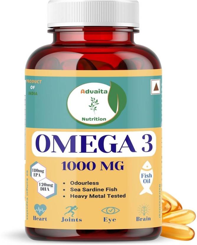 Advaita Nutrition Omega 3 Capsules 1000mg fish oil (300mg EPA+DHA) for