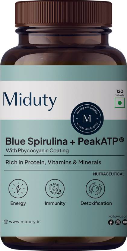 Miduty Blue Spirulina Tablets - Phycocyanin Coating - Superfood Antioxidant - Detox