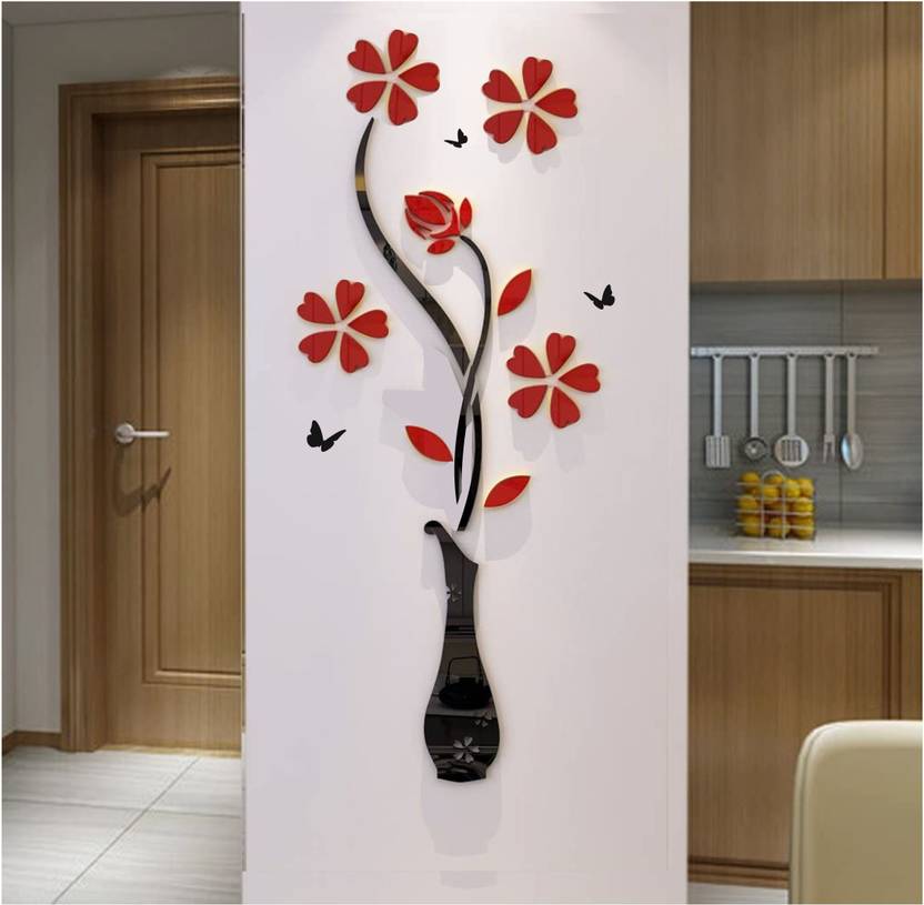 Gloshvi 3D Acrylic Flower & Vase Wall Art Decor Sticker for Home Living Room Decoration