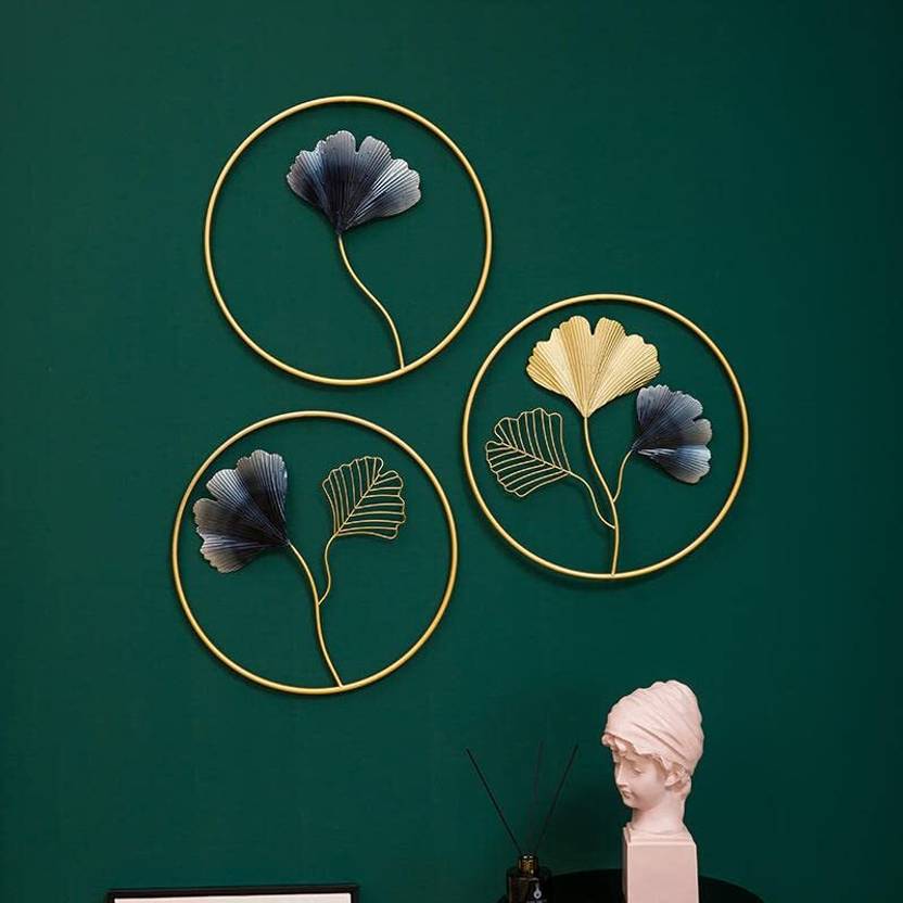 Brassz Design Studio Unique Leaf Metal Art 3 Round Circle for Modern Home Decoration, Pack of 3
