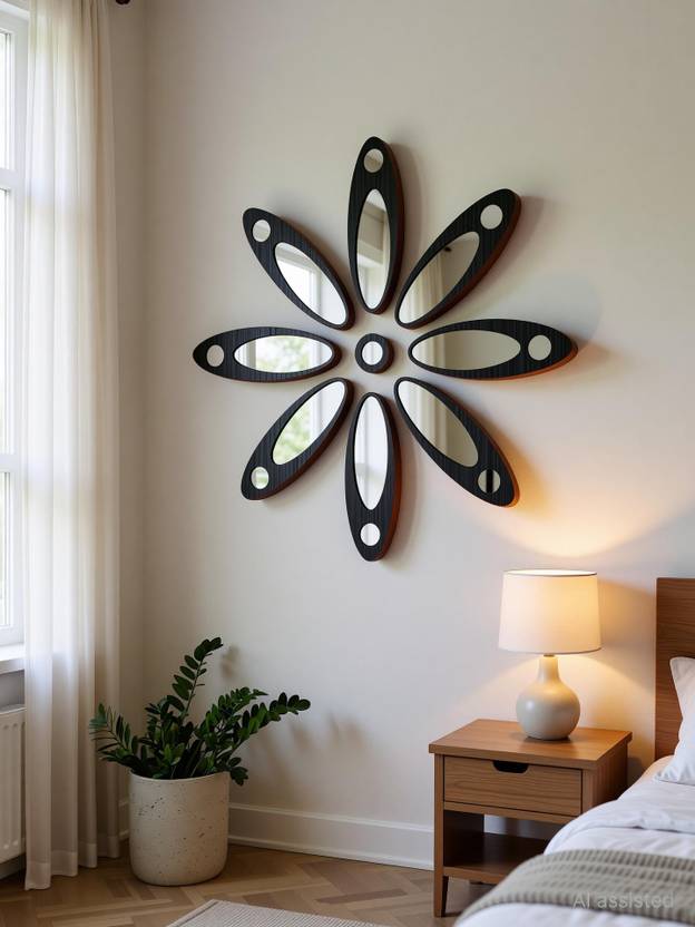 Gloshvi Acrylic Mirror- Black Pine Wood Base,8 Petal+1 Round Center Floral Wall Decor Pack of 9