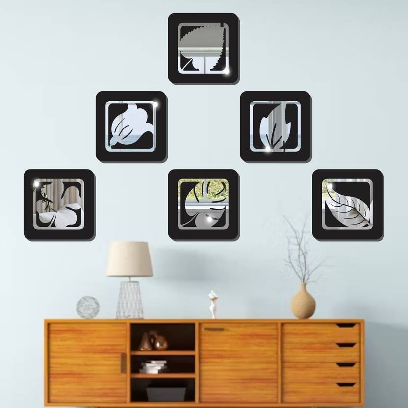 Gloshvi 6 Leaf Wall Art Panels Silver Mirror Acrylic on Black Pine MDF Base Pack of 6