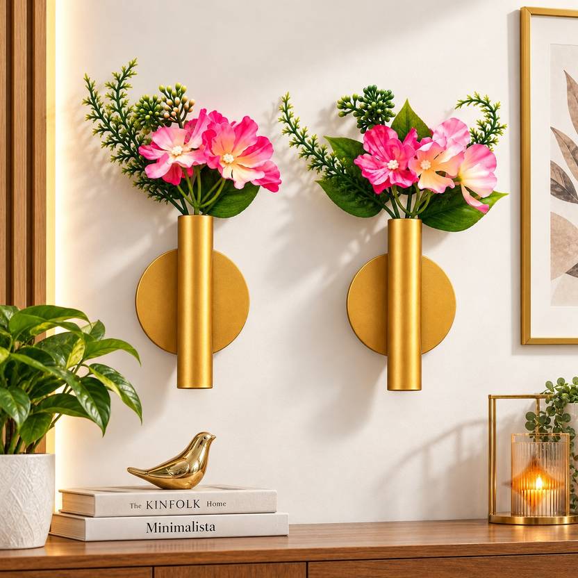 ArtDecorHub Luxury Golden Metal Wall Hanging Planter Set of 2 with Artificial Green Plants Pack of 2