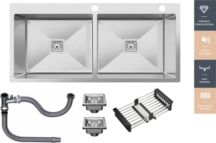 chirag Kitchen Sink 45 Inch (45x20x10) Tap Hole Double Bowl SS304 Stainless Steel Sink CSS4520HT