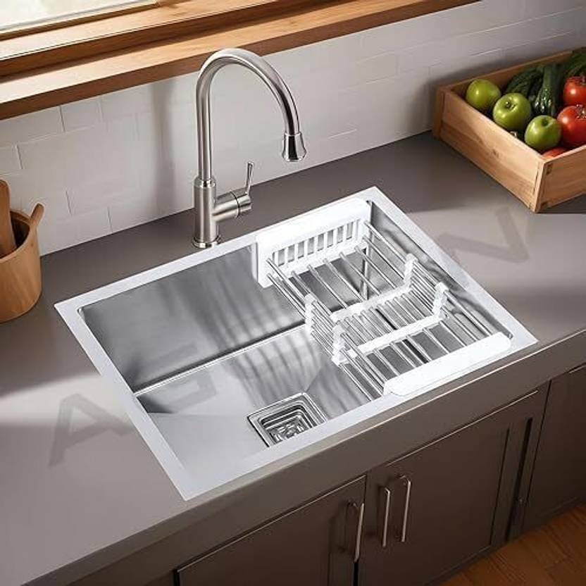 AGOEN Stainless Steel Kitchen Sink 24x18x10 Inch | Single Bowl Matte Finish 1.2mm Thick Soundproof Basin with Coupling, Pipe & Fruit Tray Included Vessel Sink