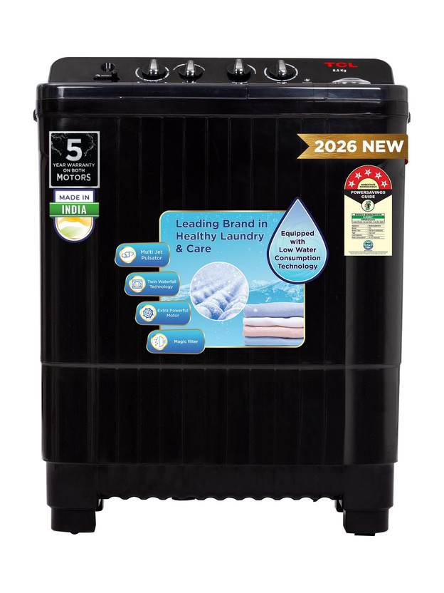 Click to enlarge TCL 8.5 kg 5 Star with Extra Powerful Motor, Magic & Lint Filter, Multi Jet Pulsator and Fast Dry Semi Automatic Top Load Washing Machine Black Price in India - Buy TCL 8.5 kg 5 Star with Extra Powerful Motor, Magic & Lint Filter, Multi Jet Pulsator