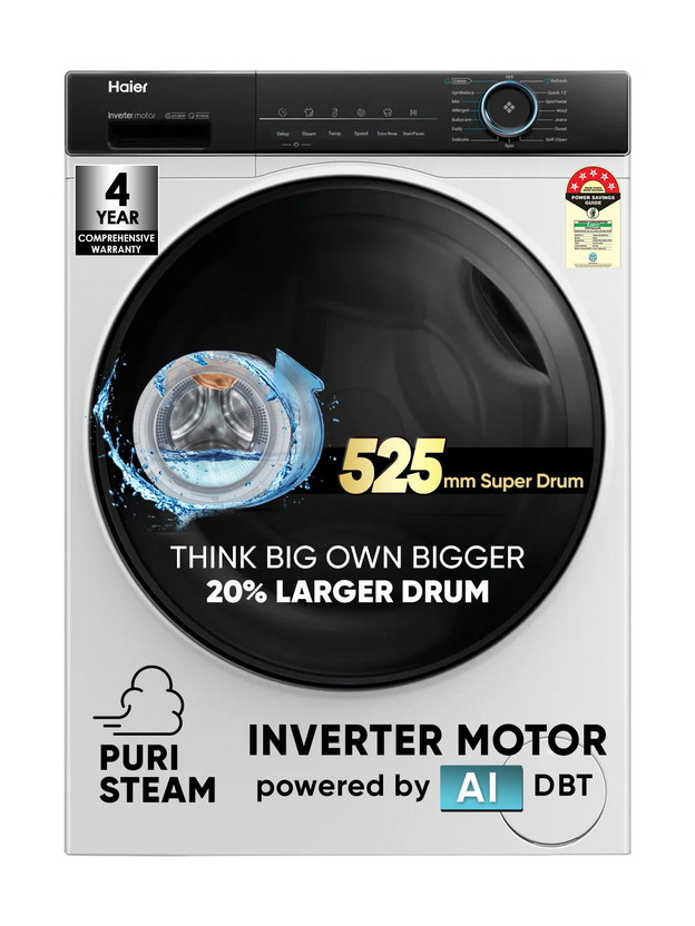 Click to enlarge Haier 8 kg 聽5 Star with Powered by AI-DBT, PuriSteam, 525 mm Super Drum, Inverter Motor, Inbuilt Heater, Washer Fully Automatic Front Load Washing Machine Black, White Price in India - Buy Haier 8 kg 聽5 Star with Powered by AI-DBT, PuriSteam, 525 m
