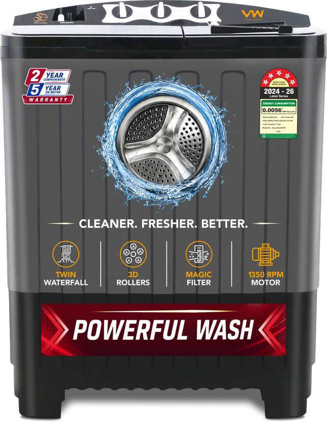 VW 7.5 kg Semi Automatic Top Load Washing Machine Black, Grey