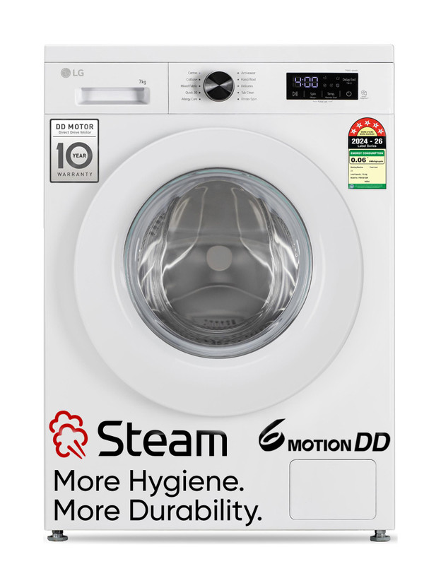LG 7 kg 5 Star, Allergen free with Steam, Inverter Direct Drive - Less vibration, less noise, 6 Motion Direct Drive, Touch Panel, 1200 RPM, Essence Fully Automatic Front Load Washing Machine with In-built Heater White