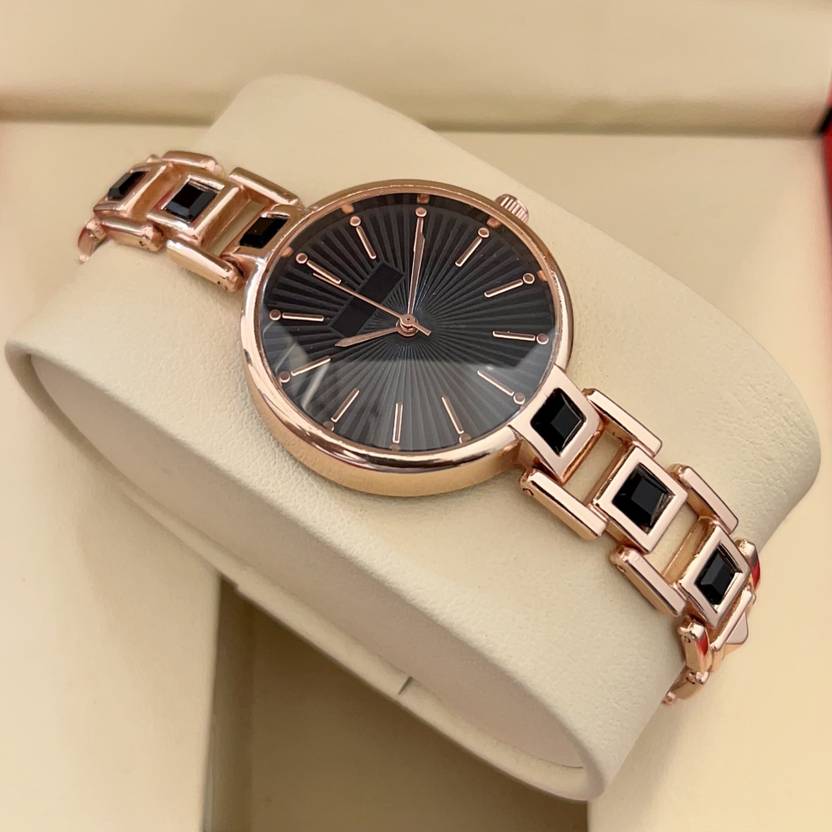 Bifrost Women Watches Round Black Studded Dial Black & Rose Gold Bracelet Strap Analog Watch - For Women Women Classic Adjustable Bracelet Strap Buckle Lock Clasp Watch for Women