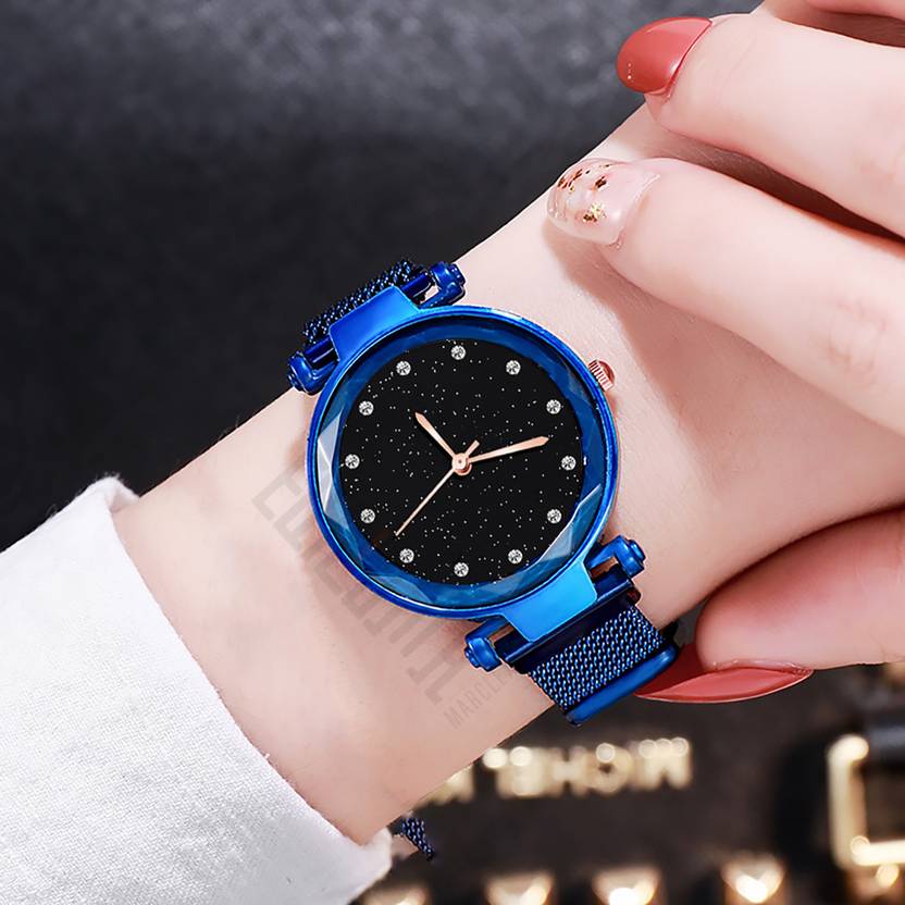 Styledose Dark blue color Magnetic belt diamond Studded gift watch for girls or women Analog Watch - For Girls Bizarre Blue Color Stylish 12 Point diamond Laxurius Looking 2021 Starry Sky Magnetic Watch Wrist Style Fancy Bracelet Women Watches Ladies Wristwatch for Girls Analog Fashion Female Clock Gift with Magnet Mash Strap Bizarre Blue Luxury Mesh Buckle sky Quartz girls Mysterious Lady New Chain Belt Galaxy Dial Classy Designer Top Trending Model Analog Watch with Bizarre Blue Plated Bracelet Combo Watch Bizarre Blue for women under Blue Strap