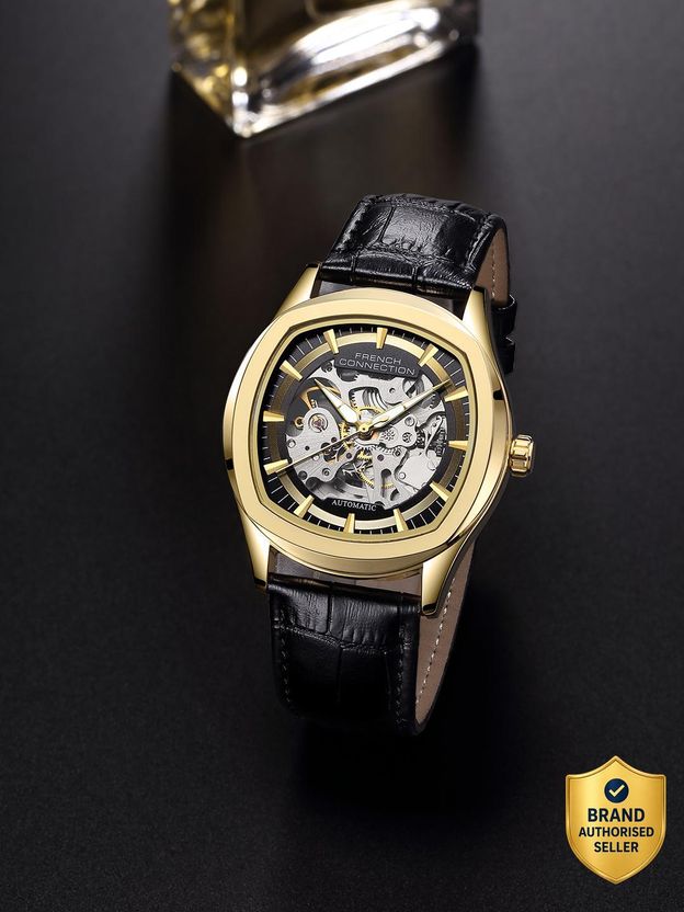 French Connection Black Skeleton Round Dial | Black Leather Autom...more - Image 2