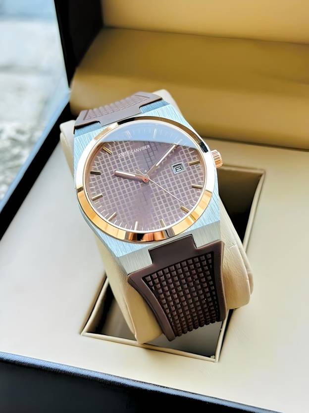 Americanviber Silicone Smooth Strap Date Function Rose Ring Finish Creamy White Aura look Analog Watch  - For Men DRM0010