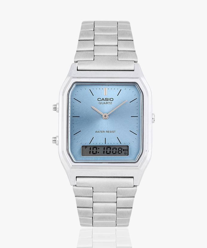 Vintage Blue Dial Silver Stainless Steel Band Analog-Digital Watch - For Men & Women AD270 (AQ-230A-2A1MQYDF)