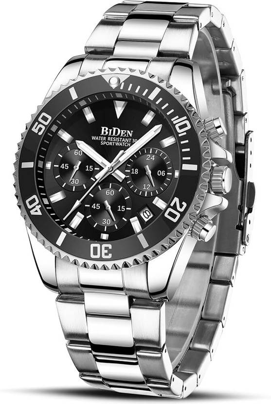 BIDEN Mens Watch Chronograph Luxury Black Dial Silver Strap wrist Watch Analog Watch  - For Men 37