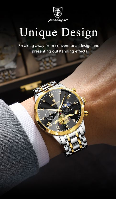 POEDAGAR Men's Silver & Gold Analog Quartz Watch - Image 4