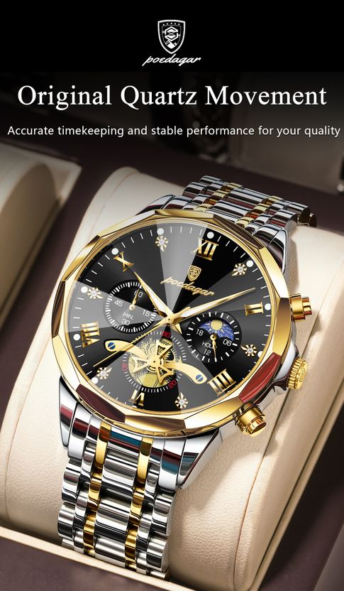 POEDAGAR Men's Silver & Gold Analog Quartz Watch - Image 6