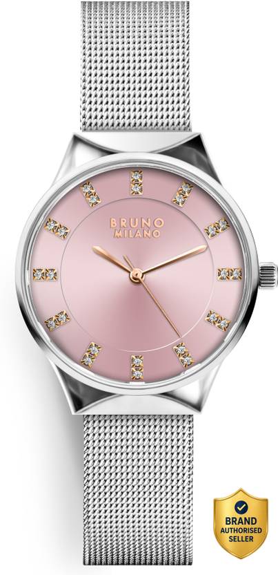 Bruno Milano Analog Watch - For Women Stylish Shiny Silver Band With Pink Dial and Rose Gold Hands