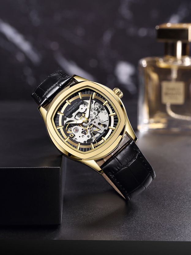 French Connection Black Skeleton Round Dial | Black Leather Autom...more - Image 6