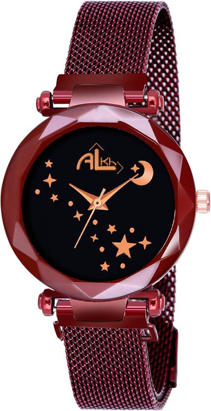 Alkhwatches Analog Watch  - For Girls Red Mesh Magnetic Belt Star-Moon Black Dial Quartz Luxurious Fashion Stylish Analog Watch
