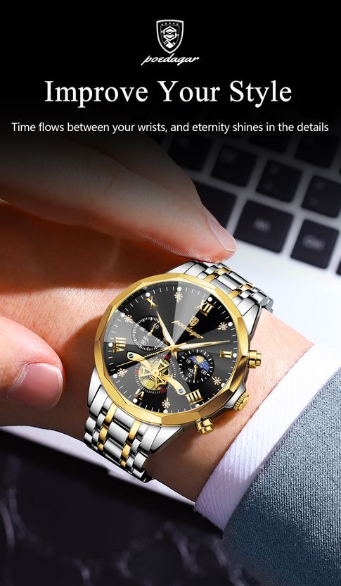POEDAGAR Men's Silver & Gold Analog Quartz Watch - Image 8