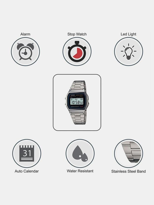 CASIO Vintage A158WA-1DF Black Dial Silver Stainless Steel Band - Image 7