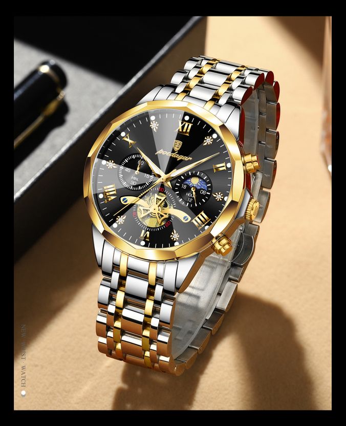POEDAGAR Men's Silver & Gold Analog Quartz Watch - Image 2