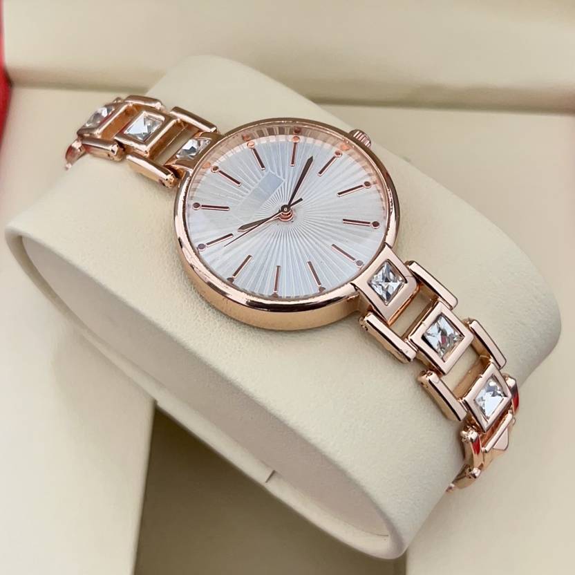 Bifrost Women Latest Series Exclusive Choice White Diamond Studded Rose Gold Analog Watch - For Women Unique New Fashion Luxury Peach Diamond Chain Strap Special Edition Watch