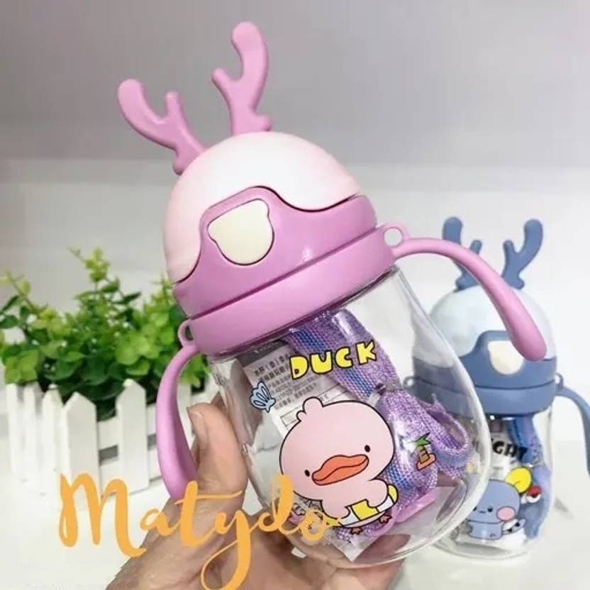 ApexUni Antlers Shape Cartoon Print with Straw and Backing Strap Water Bottle 350 ml