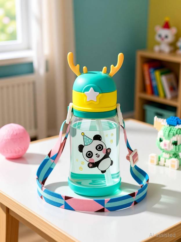 URBANHUDA Deer Horn Multi Design Cute Mix Cartoon Sipper school Bottle for Kids with Strap 600 ml Plastic Bottle