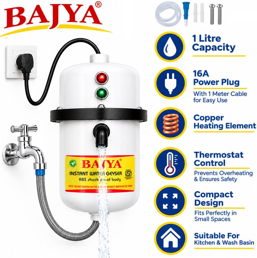 Bajya 1 L Instant Portable Water Geyser||Instant Hot Water Portable Geyser Is Compact 1 L Instant Wate...