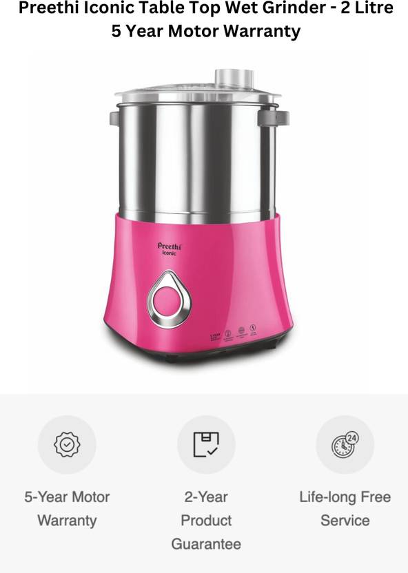 Preethi Iconic Table Top Wet Grinder, 2 Litre, 5 Year Motor Warranty ...