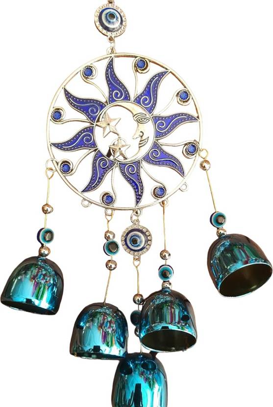 RADHIKASHR Golden Sun Moon Star Evil Eye 5 Bell Wind Chime Aluminium, Brass, Silver, Silver Plated, Stainless Steel, Steel Windchime